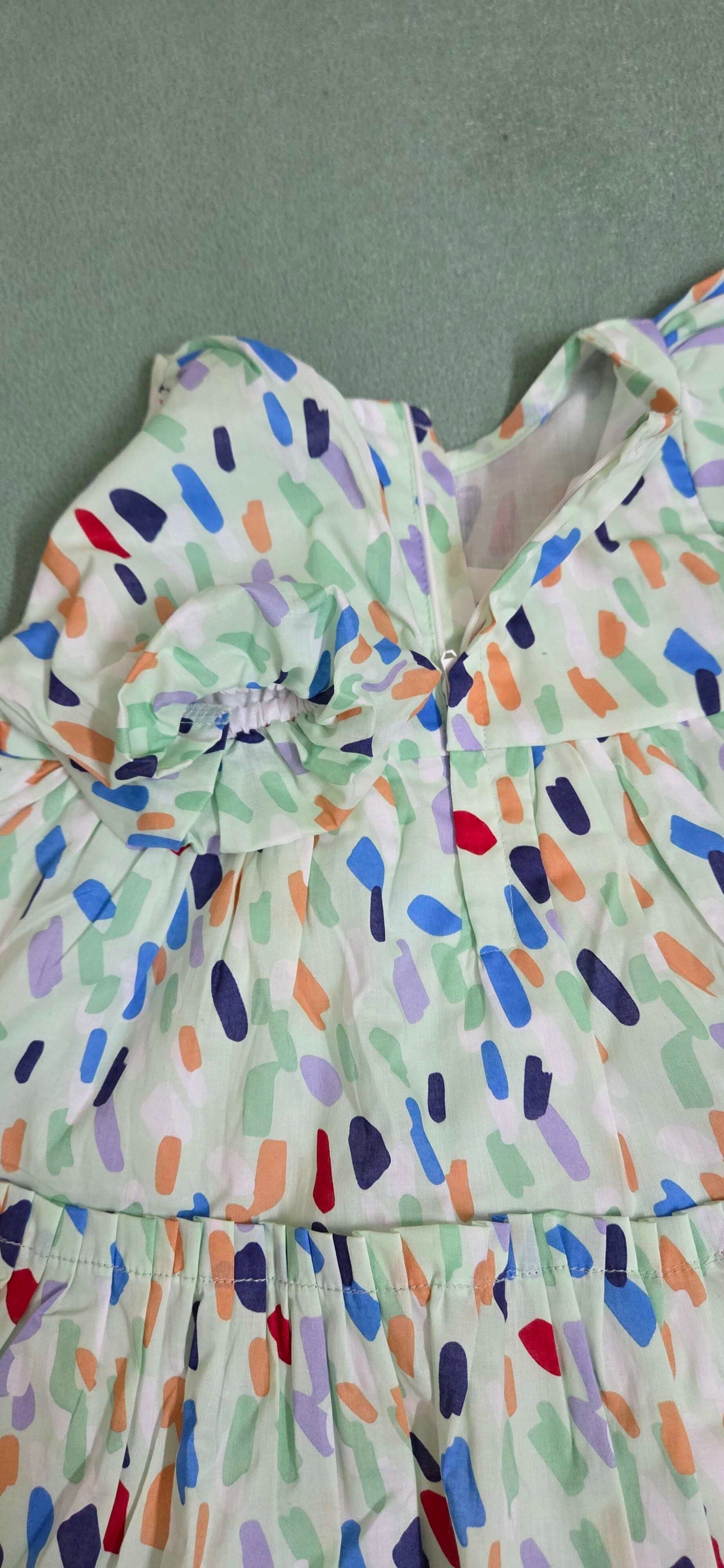 Colorful dress with abstract pattern sleeve close-up
