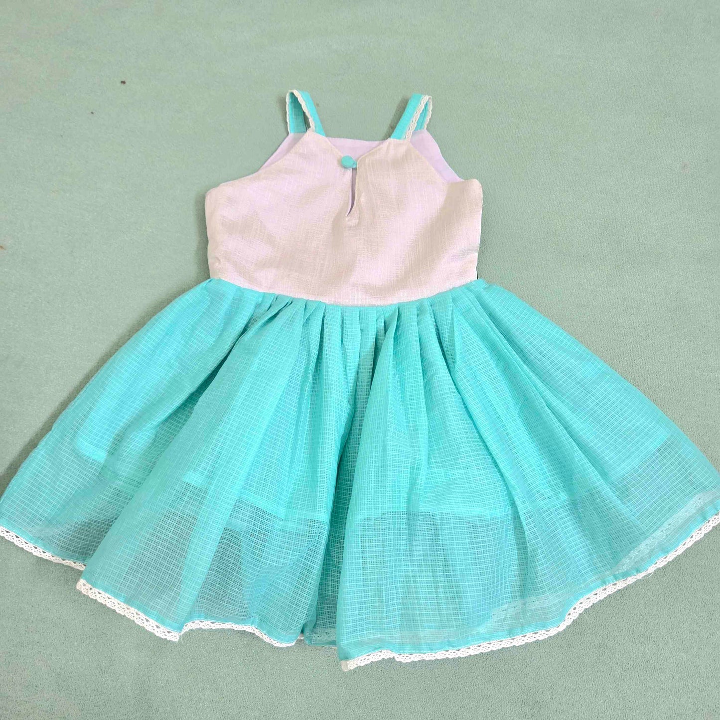 Frilled Cotton Frock for Girls-Soft, Breathable, Aqua green and White |Baby Dress