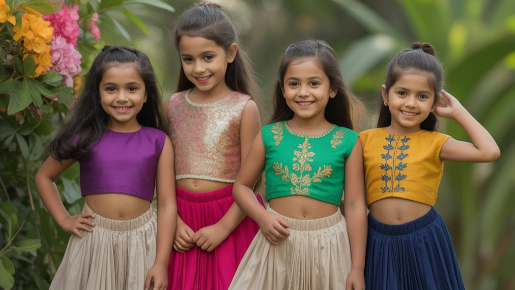 Four young girls in colorful traditional outfits standing together outdoors.