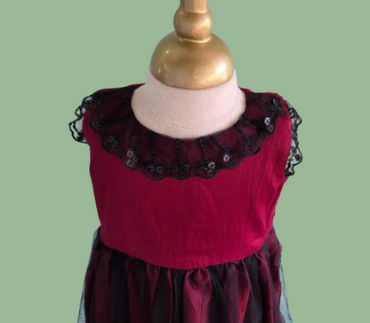 Maroon Frilled Net Cotton Frock for Girls |Handmade Kids wear