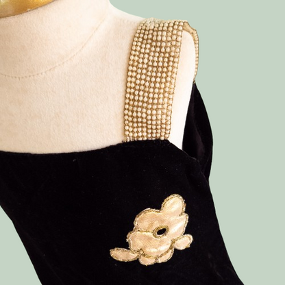 Elegant Black Velvet Party Frock with Pearl Embellishment