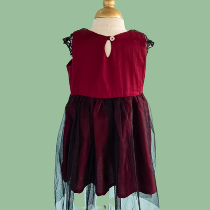 Maroon Frilled Net Cotton Frock for Girls |Handmade Kids wear