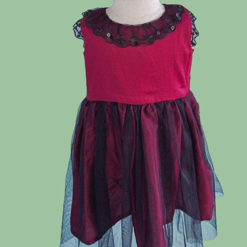 Maroon Frilled Net Cotton Frock for Girls |Handmade Kids wear