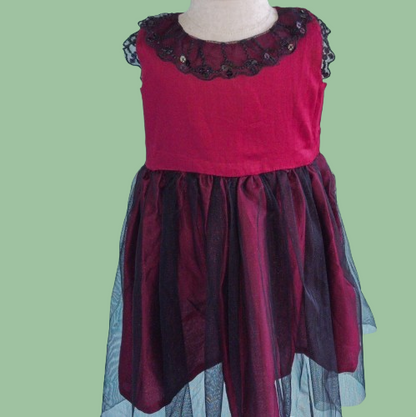 Maroon Frilled Net Cotton Frock for Girls |Handmade Kids wear