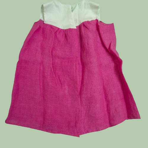 Linen Baby Dress with Pink Floral Embroidery