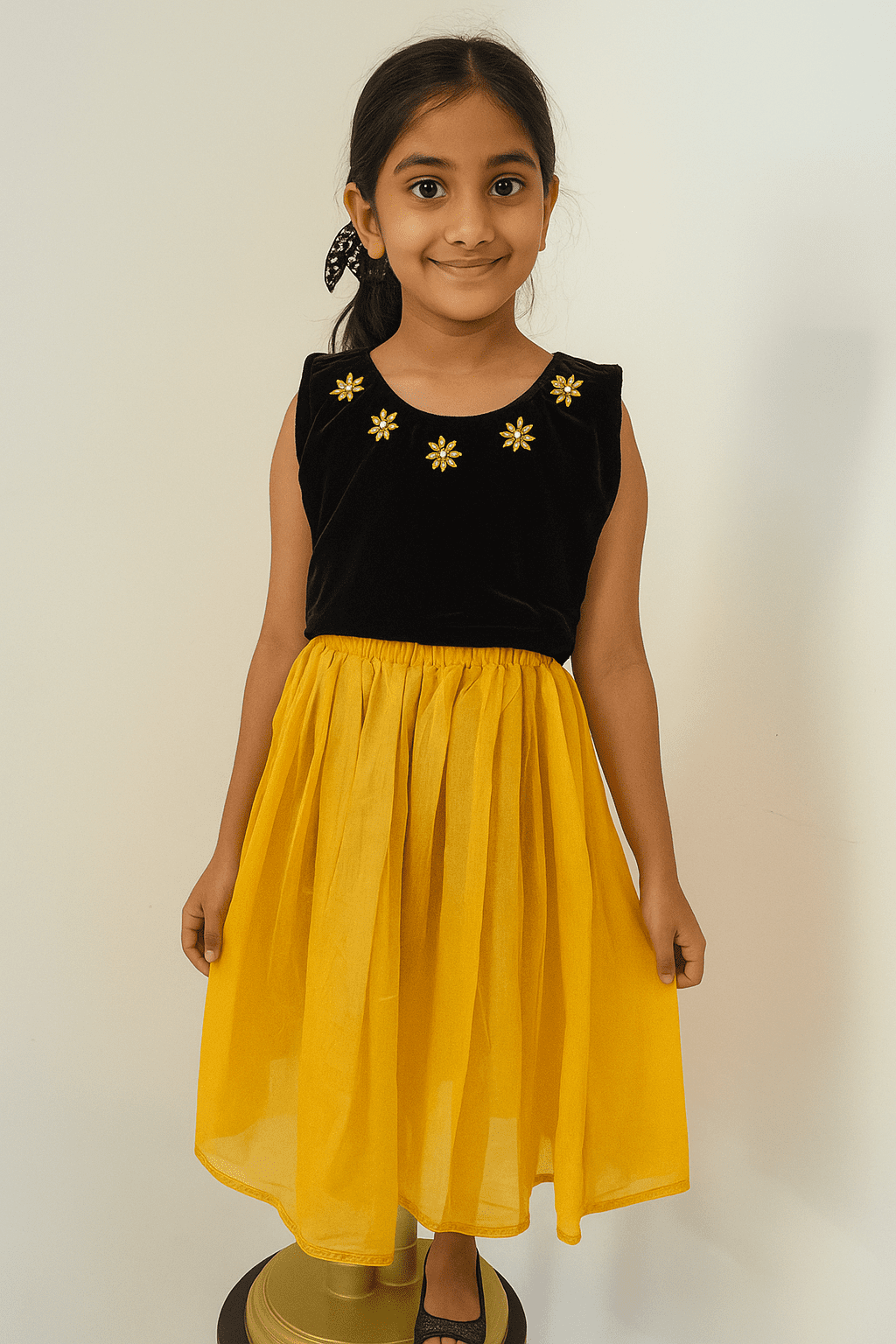 Young girl wearing a black top with yellow floral patterns and a yellow skirt on a white background