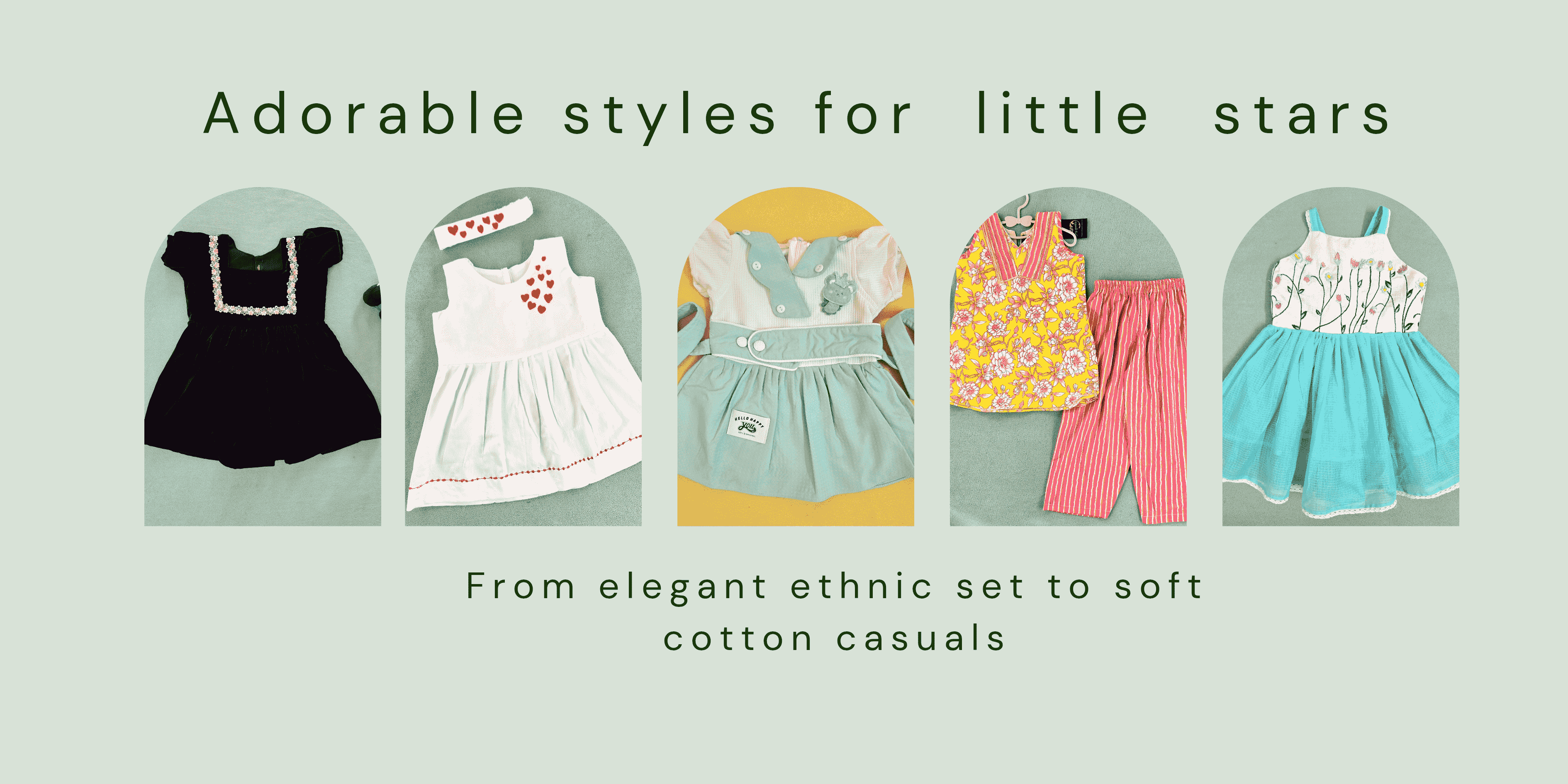 Children's clothing with text 'Adorable styles for little stars' on a light green background
