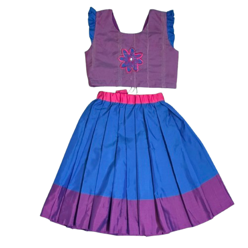 Purple and blue dress with floral design on a white background