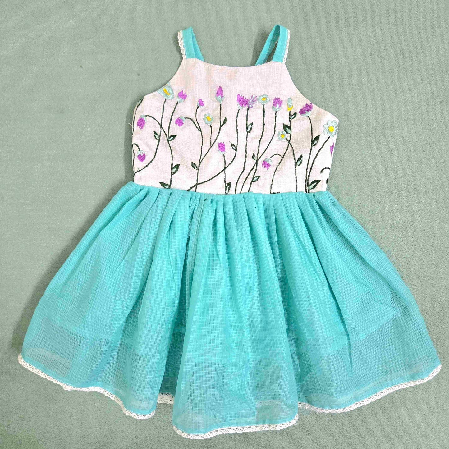 Frilled Cotton Frock for Girls-Soft, Breathable, Aqua green and White |Baby Dress