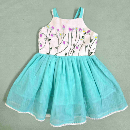 Frilled Cotton Frock for Girls-Soft, Breathable, Aqua green and White |Baby Dress