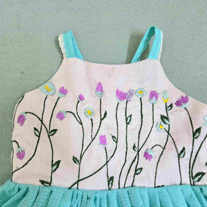 Frilled Cotton Frock for Girls-Soft, Breathable, Aqua green and White |Baby Dress