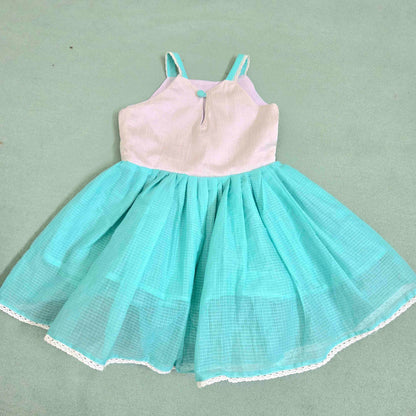 Frilled Cotton Frock for Girls-Soft, Breathable, Aqua green and White |Baby Dress
