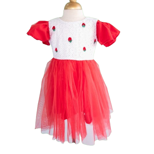 Red and white dress with floral details on a mannequin against a white background