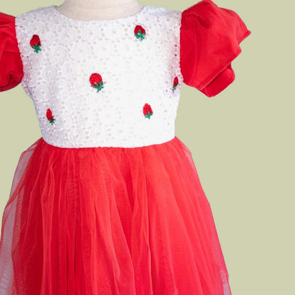 Red and white dress with floral details on a light green background